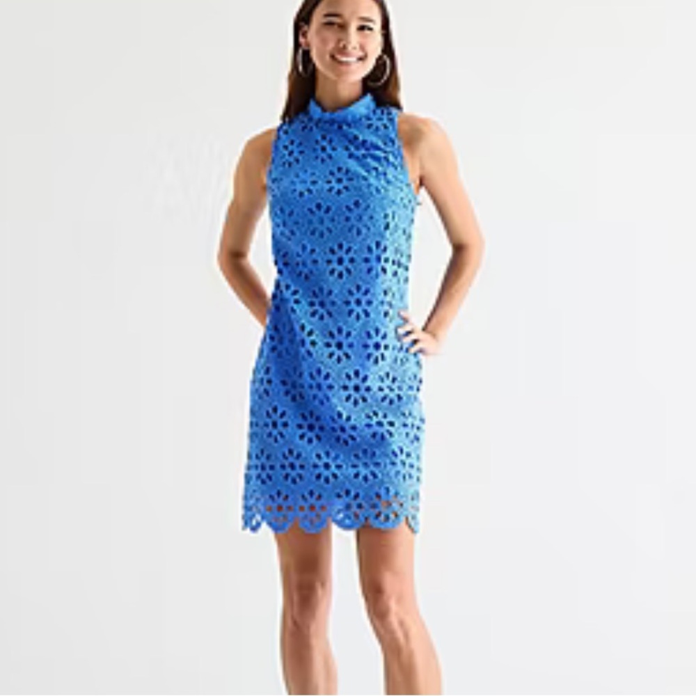 Blue Eyelet Floral Shift Dress Signature by Bobbie Bee Sz 14 NWT - Picture 4 of 10